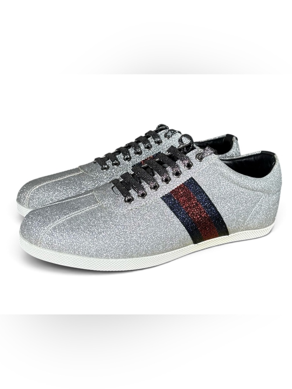 Gucci Bambi Metallic Silver Sparkle Glitter Stud Web Sneakers Size Men’s 46